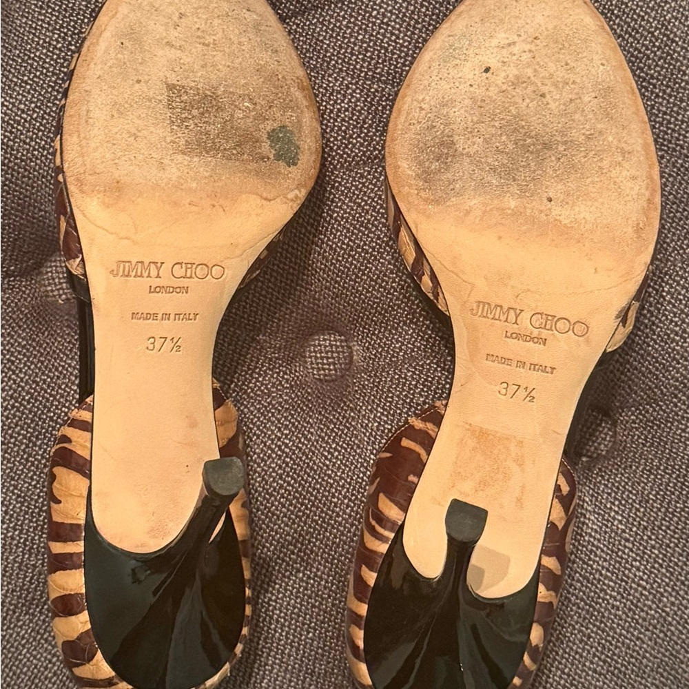 Jimmy Choo Black Browns Animal Print Heels Peep Toe Pumps Shoes 37.5 US 7 Fall - Picture 13 of 13